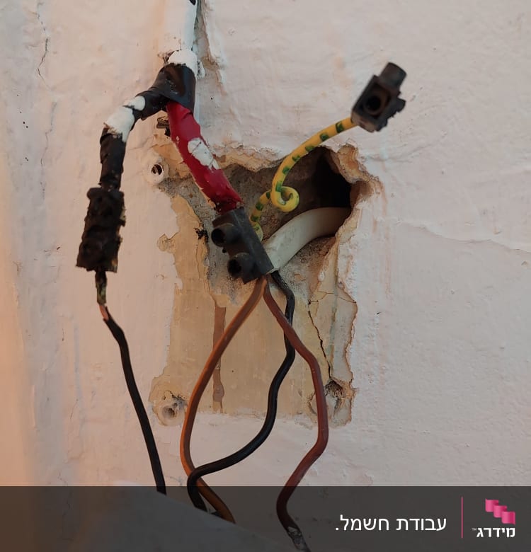 חוטי חשמל חשופים יוצאים מקיר עם בידוד צבעוני